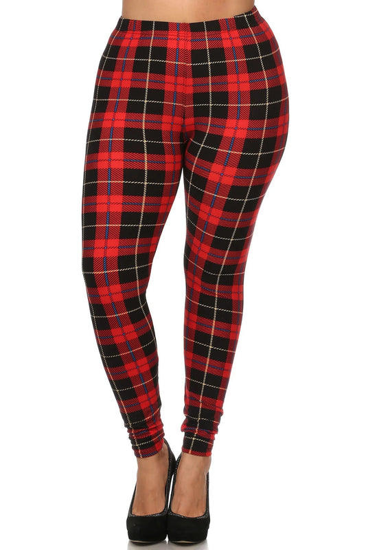 Plus Size Plaid & Checkered Print, Full Length Leggings In A Fitted Style Smile Sparker