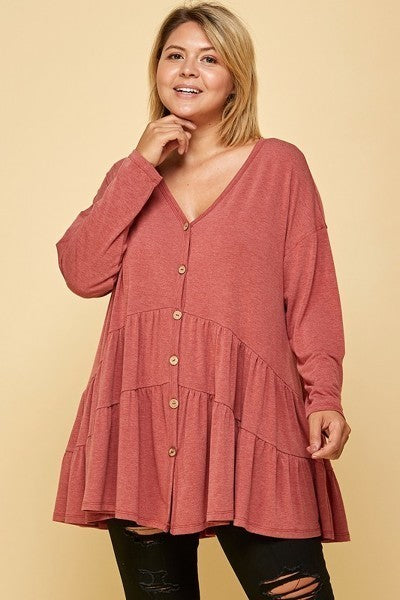 Plus Size Solid Long Sleeves Button Up Swing Tunic Top With Ruched Detail Smile Sparker