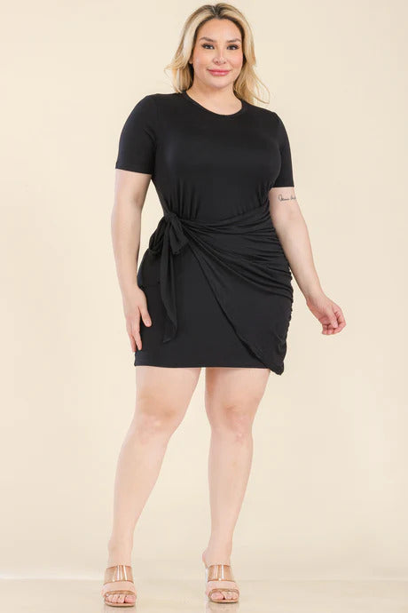 Plus Size Solid Wrap Front Tie Side Short Sleeve Mini Dress Smile Sparker
