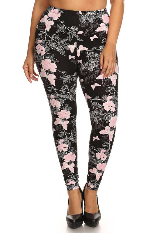 Plus Size Super Soft Peach Skin Fabric, Butterfly Graphic Printed Knit Legging With Elastic Waist Detail Smile Sparker