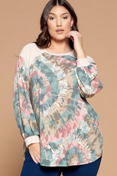 Plus Size Tie Dye French Terry Print Balloon Sleeve Top Smile Sparker