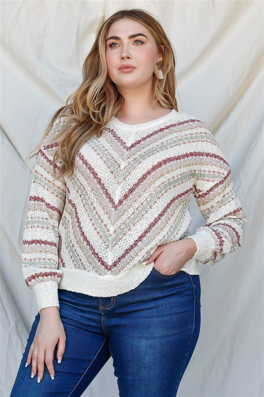 Plus Stripe Knit Cotton Blend Long Sleeve Top Smile Sparker