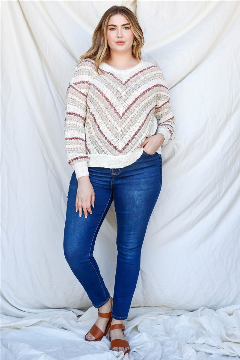 Plus Stripe Knit Cotton Blend Long Sleeve Top Smile Sparker