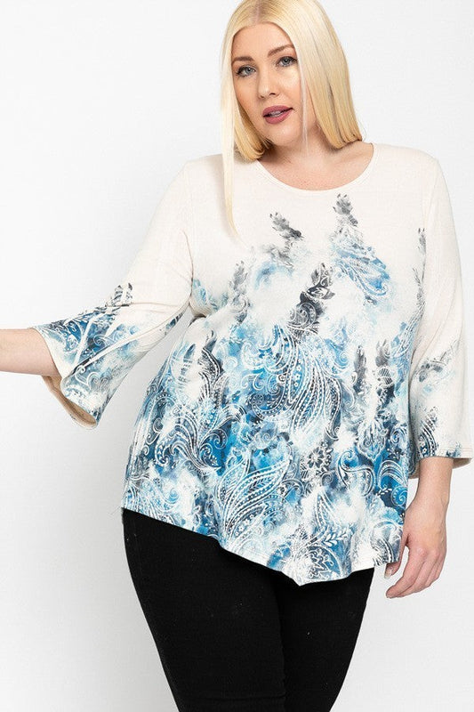 Print Top Featuring A Round Neckline And 3/4 Bell Sleeves Smile Sparker
