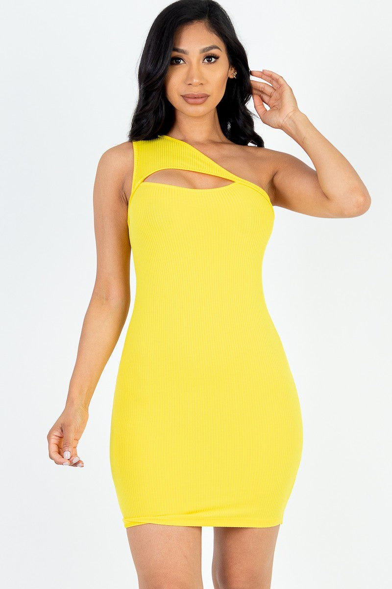 Ribbed One Shoulder Cutout Front Mini Bodycon Dress Smile Sparker