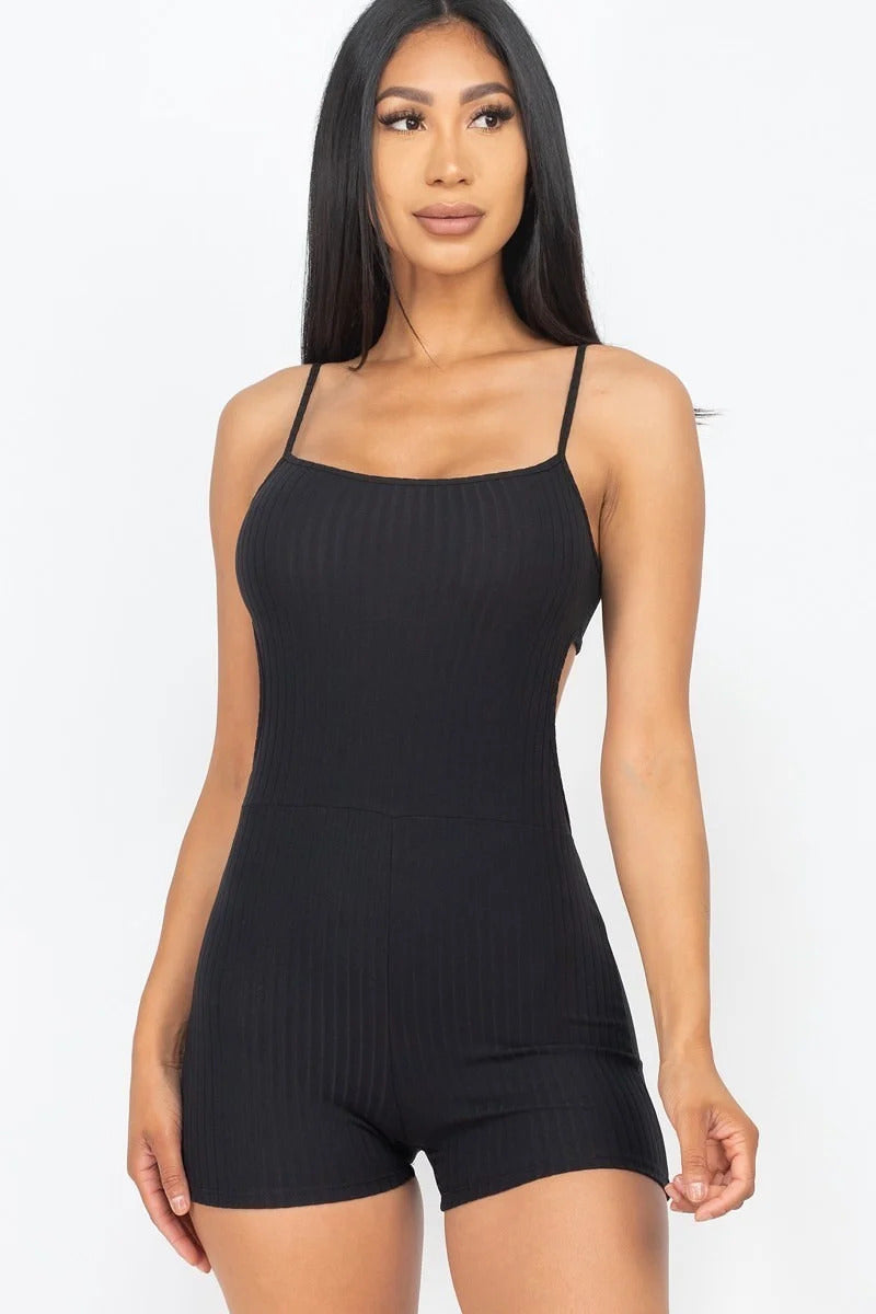 Ribbed Sleeveless Back Cutout Bodycon Active Romper Smile Sparker