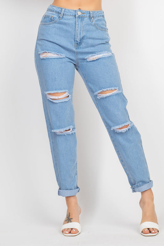 Rolled Hem Ripped Denim Jeans Smile Sparker