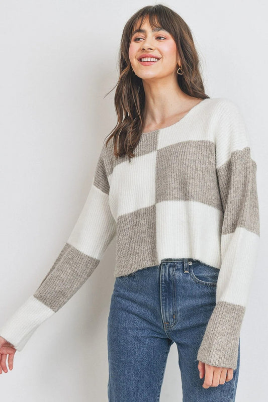 Round Neck Color Block Long Sleeve Sweater Smile Sparker