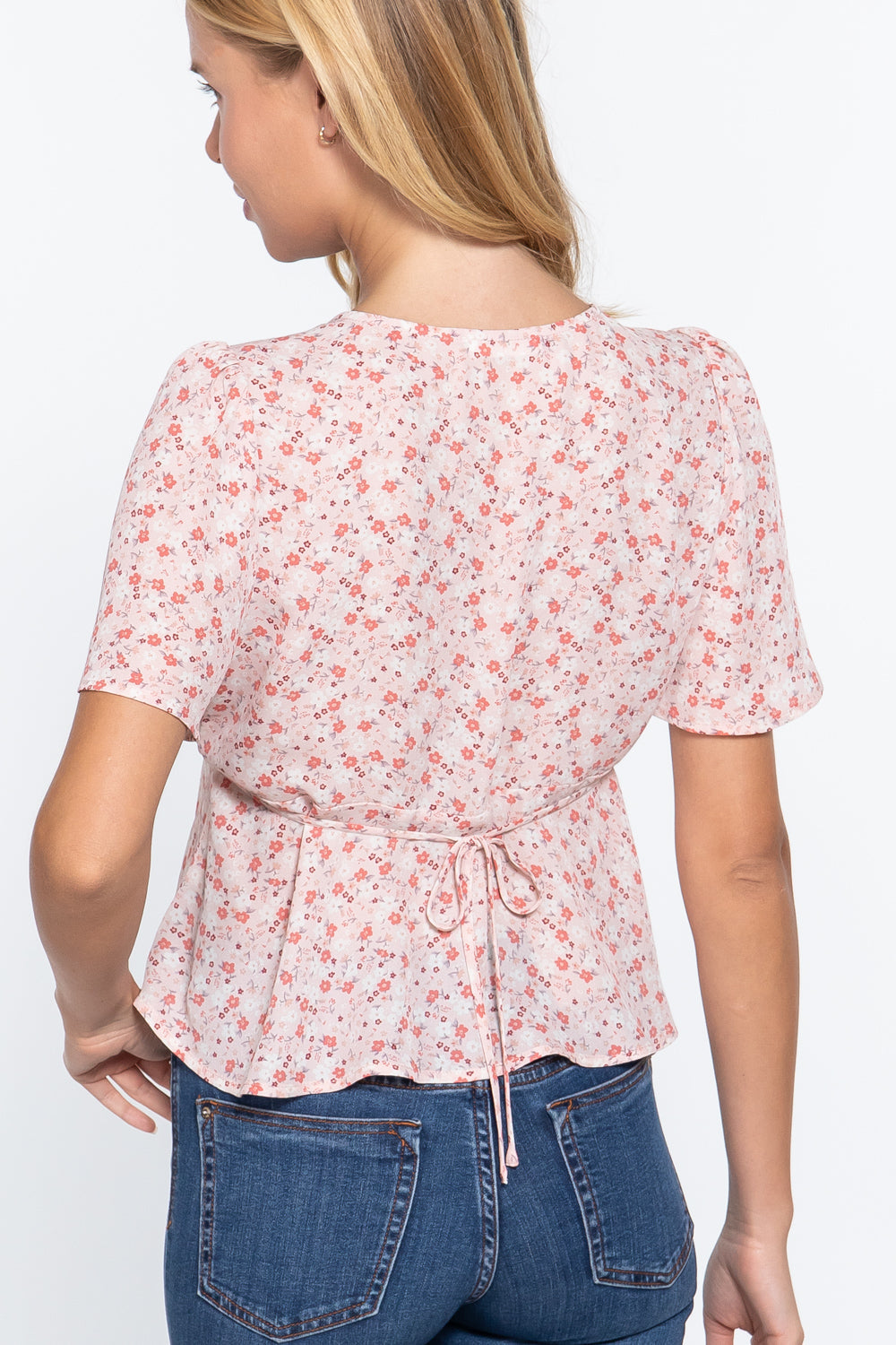 Ruffle Slv W/back Tie Print Woven Top Smile Sparker