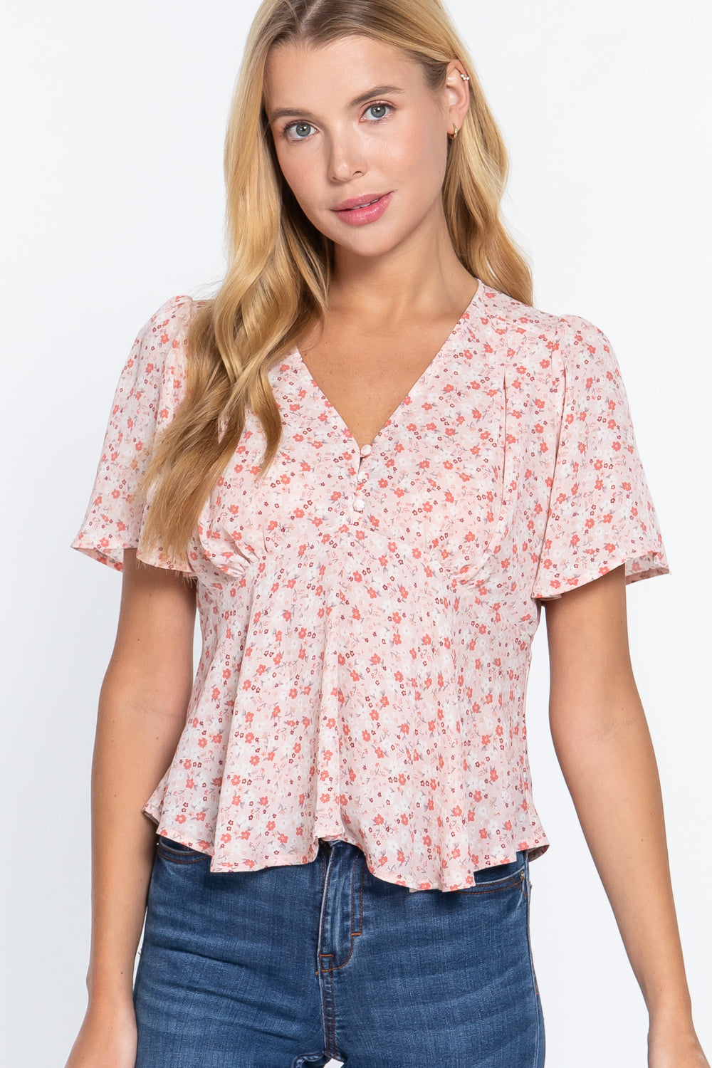 Ruffle Slv W/back Tie Print Woven Top Smile Sparker