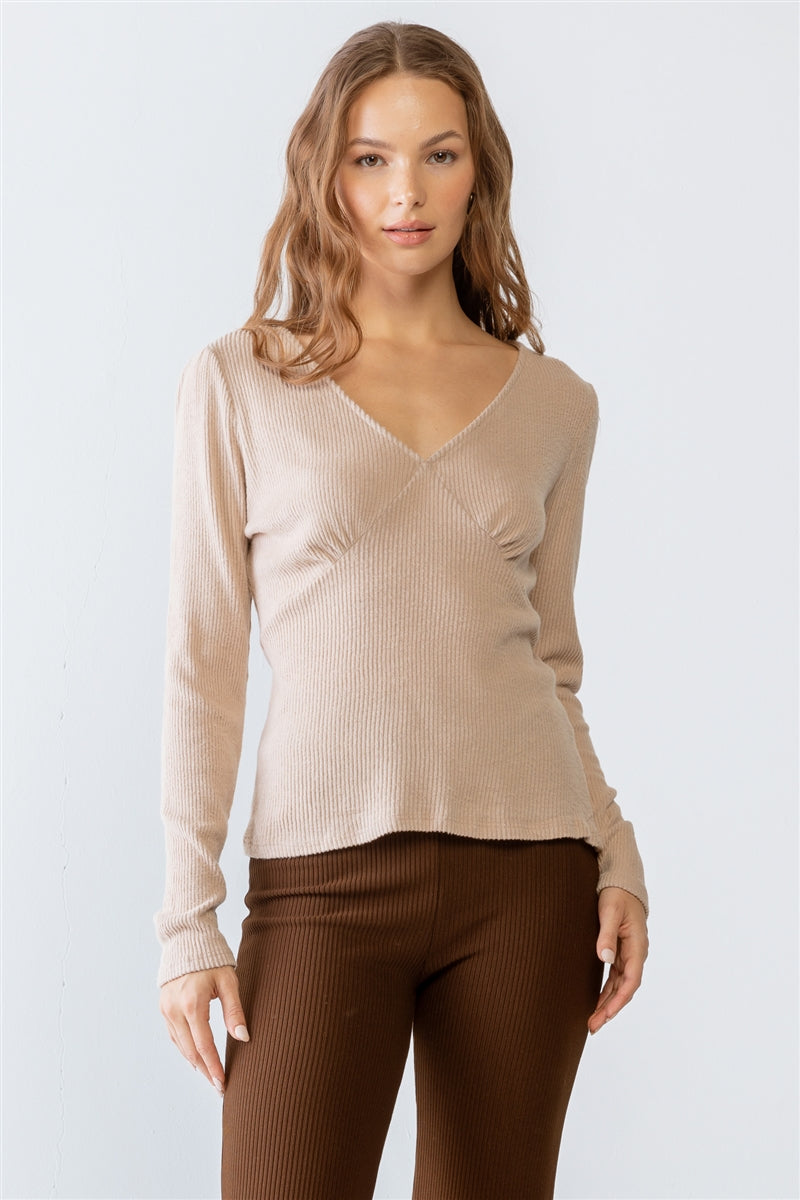 Sand Ribbed V-neck Long Sleeve Soft To Touch Top Smile Sparker