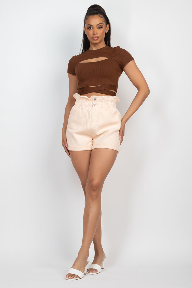 Self-tie Ribbon Front Cutout Crop Top Smile Sparker