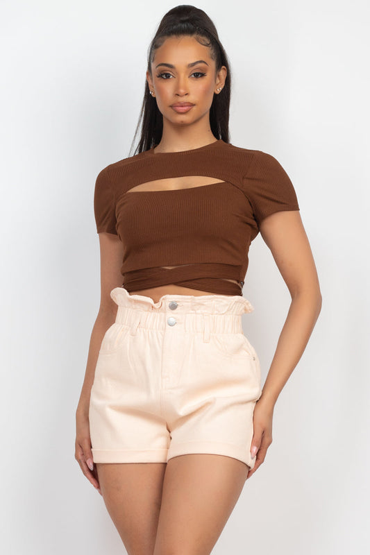 Self-tie Ribbon Front Cutout Crop Top Smile Sparker