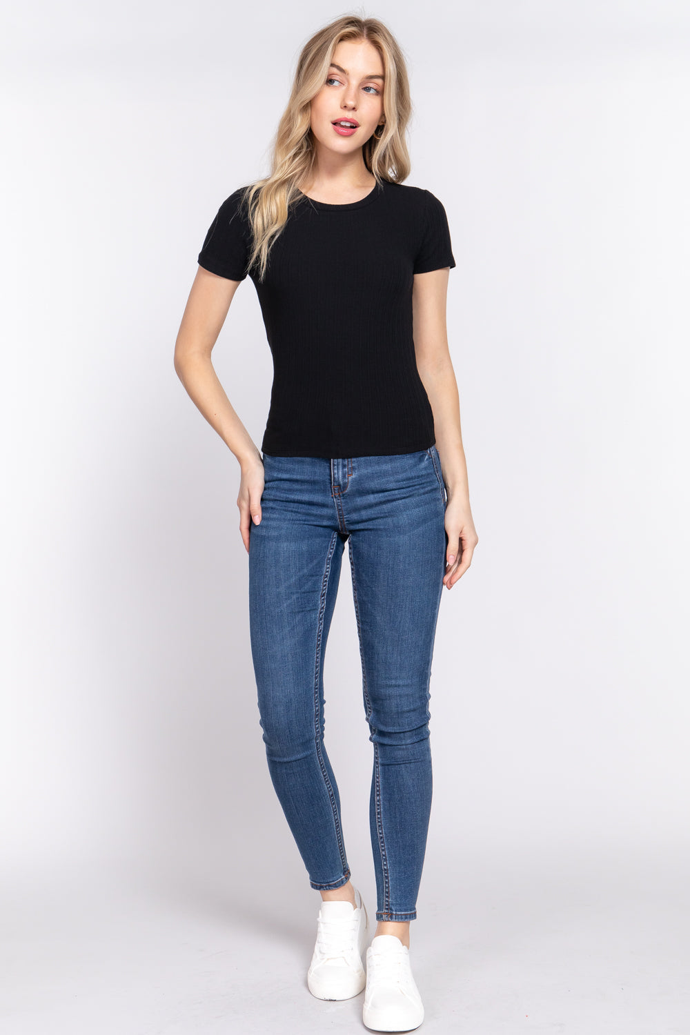 Short Slv Crew Neck Variegated Rib Knit Top Smile Sparker