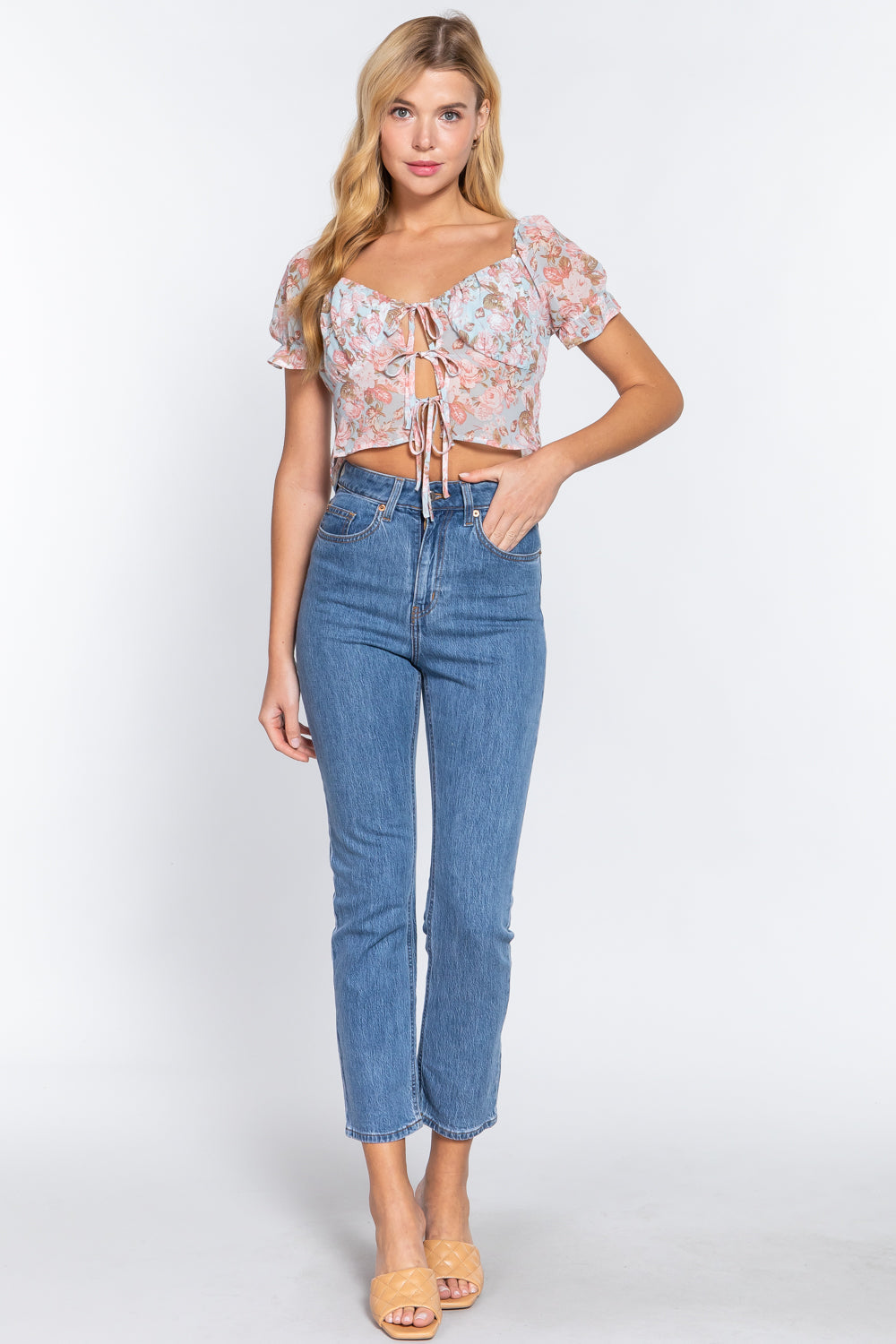 Short Slv Front Tie Print Woven Top Smile Sparker