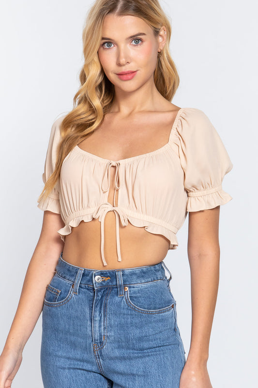 Short Slv Print Crop Woven Top Smile Sparker