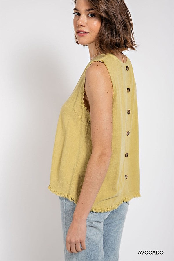 Sleeveless back button closure frayed top Smile Sparker