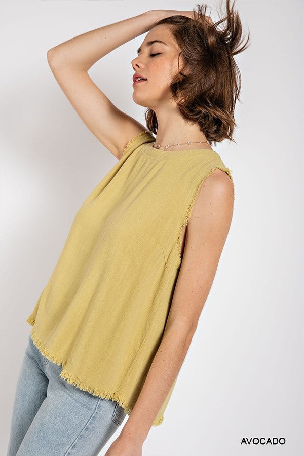 Sleeveless back button closure frayed top Smile Sparker