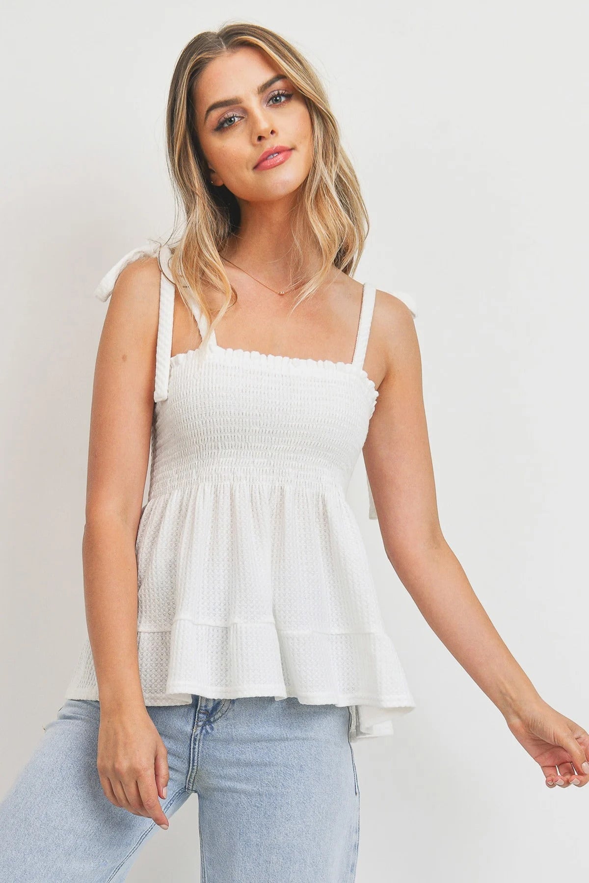 Smocking Bust With Self Tie Straps Sleeveless Waffle Top Smile Sparker