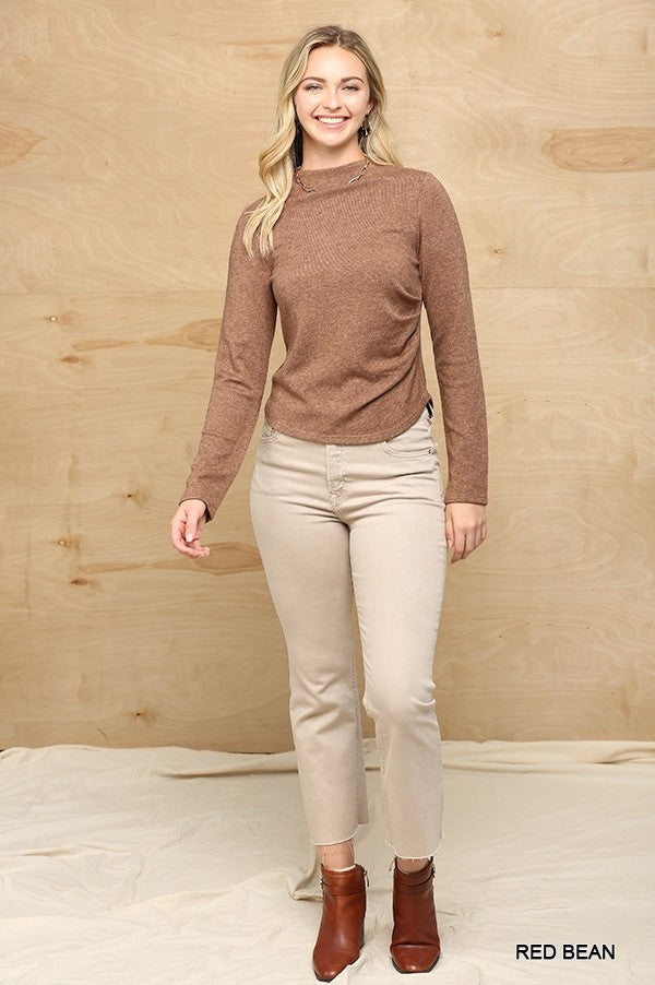 Solid And Cozy Soft Knit Mock Neck Top With Side Ruched Detail Smile Sparker