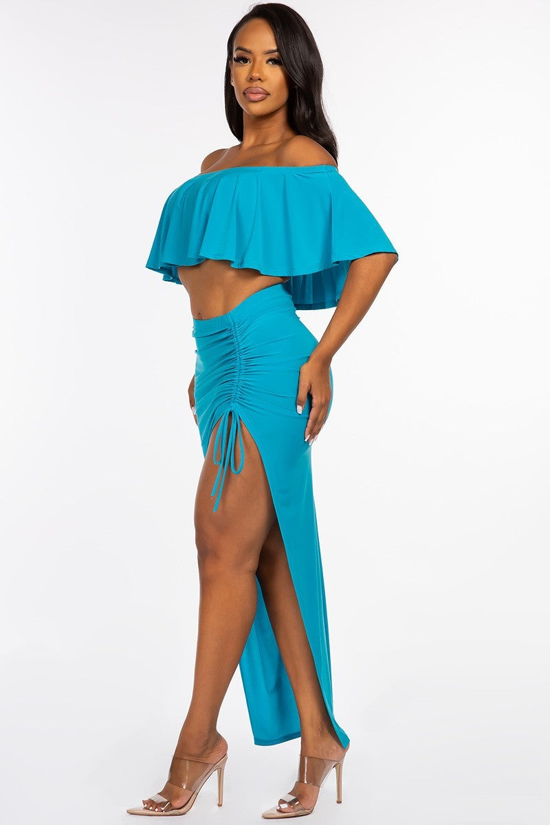 Solid Ity Off The Shoulder Ruffled Cropped Top And Ruched Maxi Skirt Two Piece Set Smile Sparker