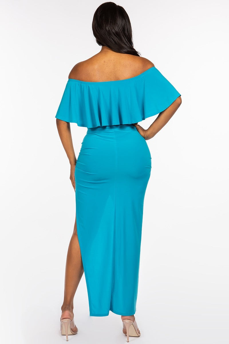 Solid Ity Off The Shoulder Ruffled Cropped Top And Ruched Maxi Skirt Two Piece Set Smile Sparker
