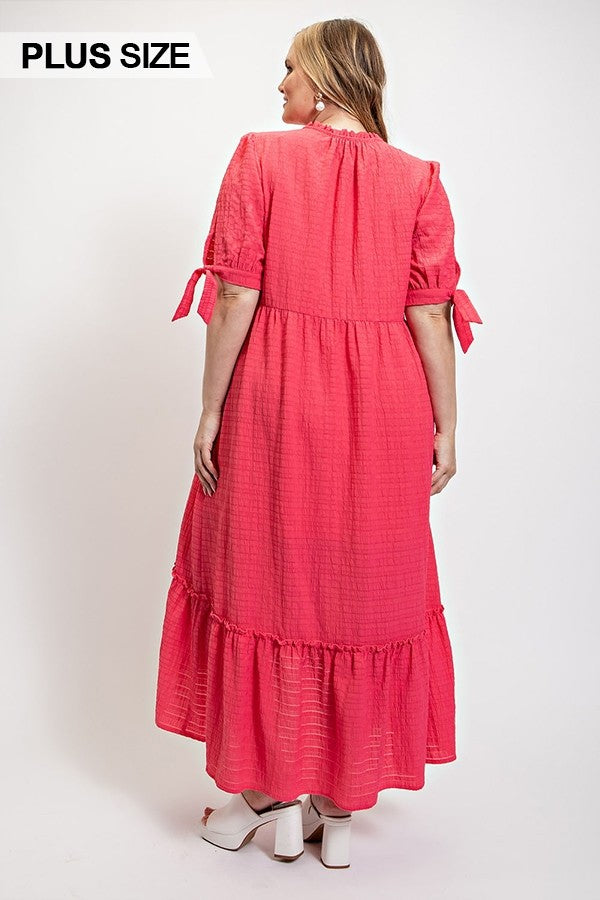 Solid Textured Button Down And Hi - Low Hem Maxi Dress With Tie Sleeve And Slip Dress Smile Sparker