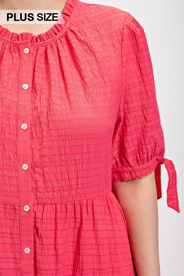 Solid Textured Button Down And Hi - Low Hem Maxi Dress With Tie Sleeve And Slip Dress Smile Sparker