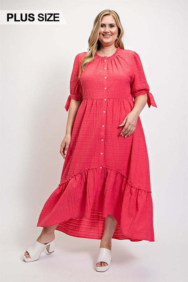 Solid Textured Button Down And Hi - Low Hem Maxi Dress With Tie Sleeve And Slip Dress Smile Sparker