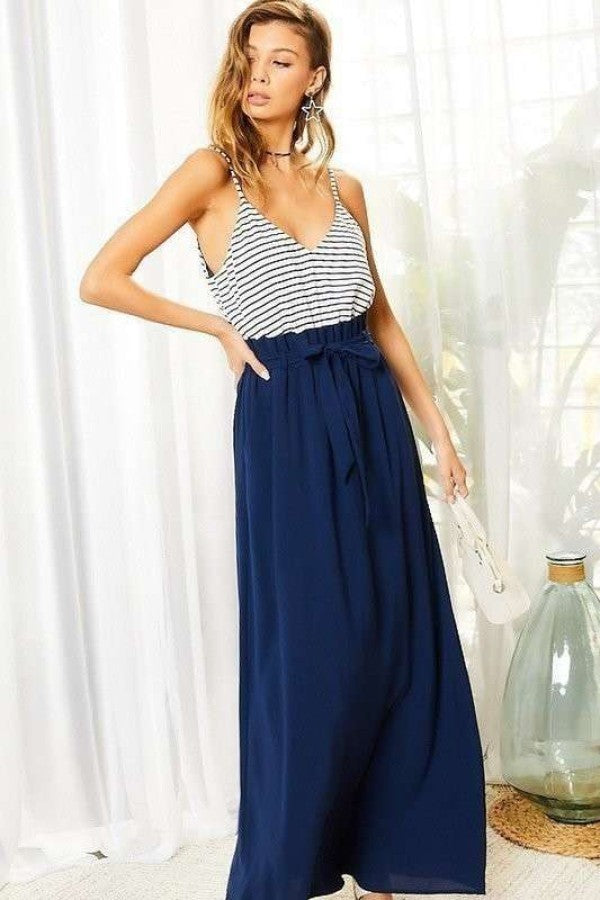 Striped Print Cami Sol Top Hi-waist Skirt Side Pocket Maxi Dress Smile Sparker