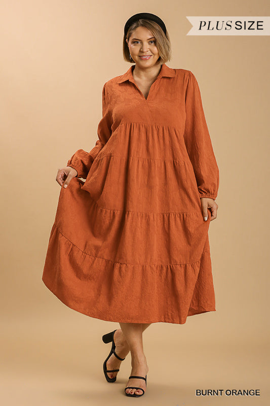 Textured Long Sleeve Collar Split Neck Tiered Maxi Dress Smile Sparker