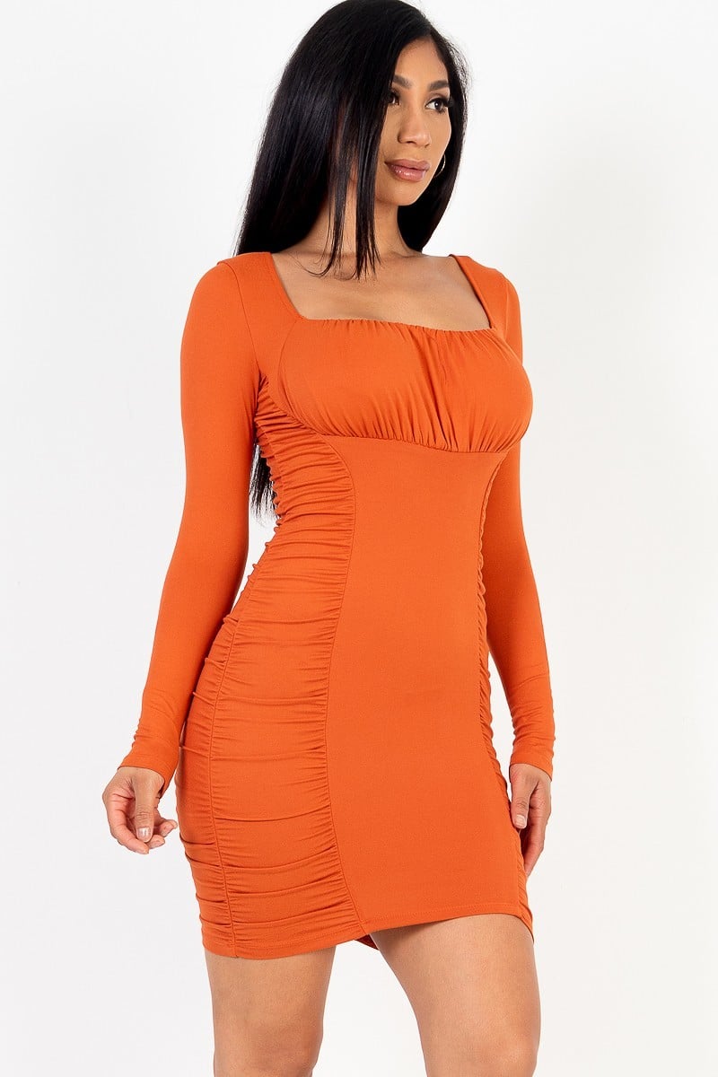 U-neck long sleeve ruched bodycon mini dress Smile Sparker