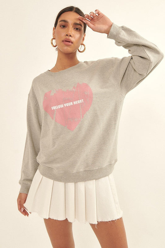 Vintage-style Heart Graphic Print French Terry Knit Sweatshirt Smile Sparker