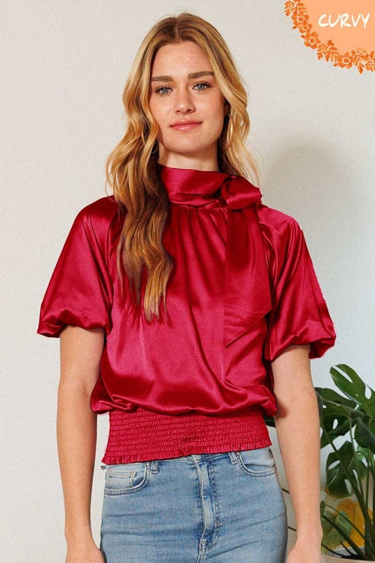 Waist Smocked Solid Satin Blouse Smile Sparker