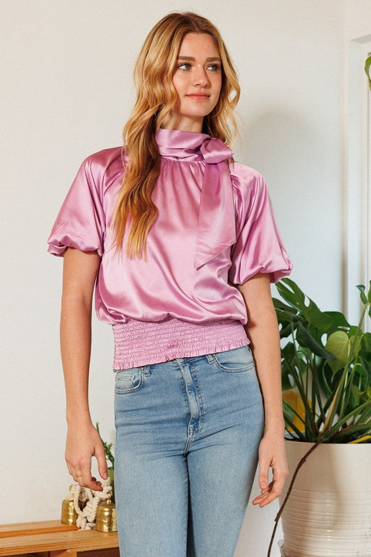 Waist Smocked Solid Satin Blouse Smile Sparker