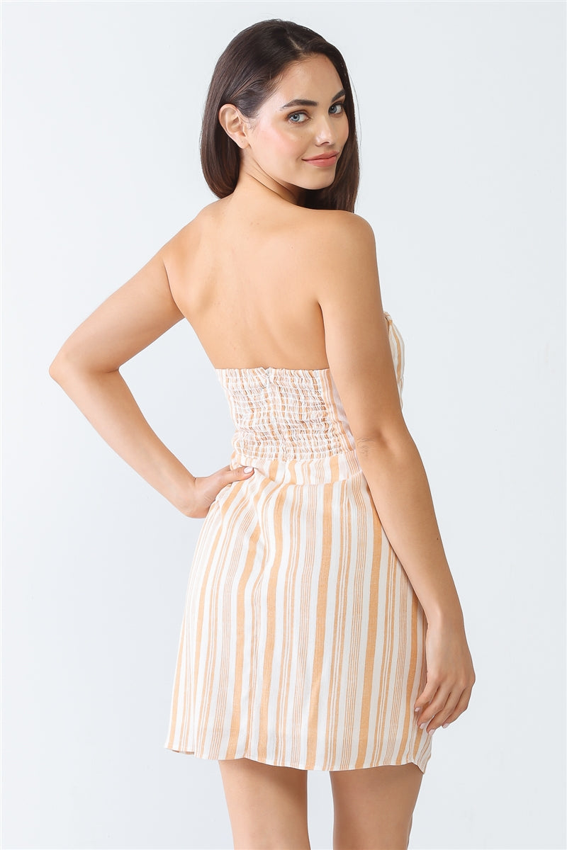 White & Apricot Stripe Print Strapless Twist Cut-out Smocked Back Mini Dress Smile Sparker