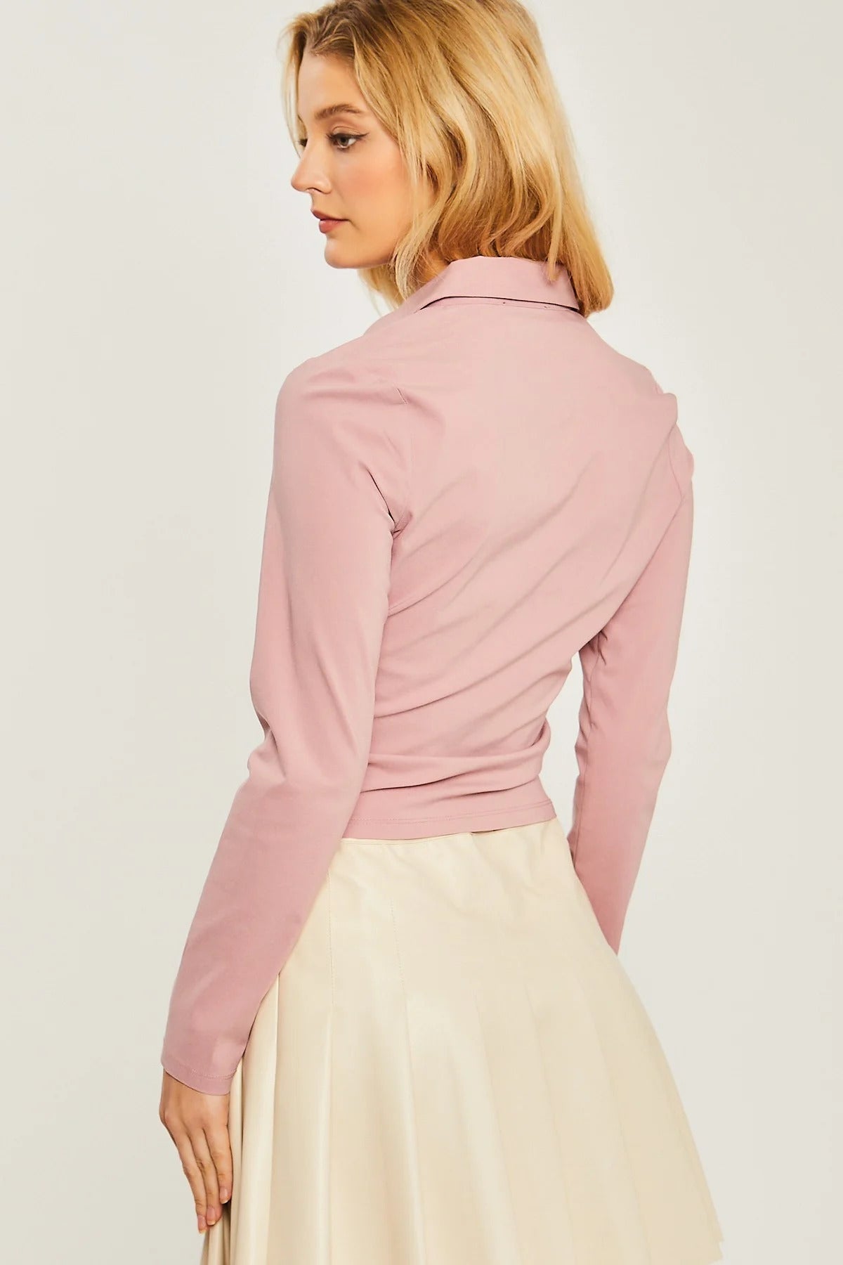 Woven Solid Ruched Front Long Sleeve Smile Sparker