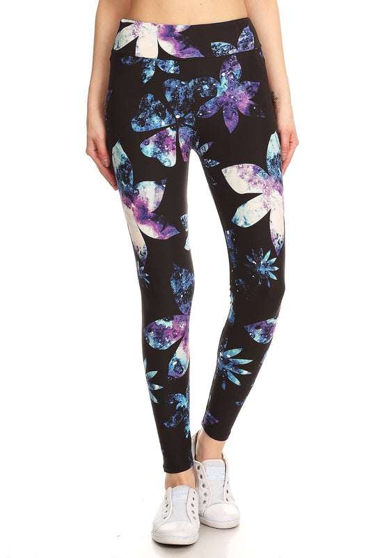 Yoga Style Banded Lined Galaxy Silhouette Floral Print, Full Length Leggings In A Slim Fitting Style With A Banded High Waist Smile Sparker