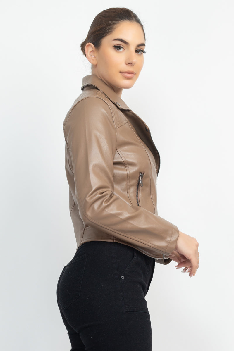 Zippered Notch Lapel Rider Jacket Smile Sparker
